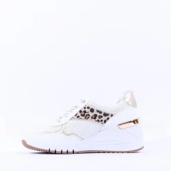 Women Marco Tozzi Magana Wedge Lacezip Trainer - White Gold Leopard
