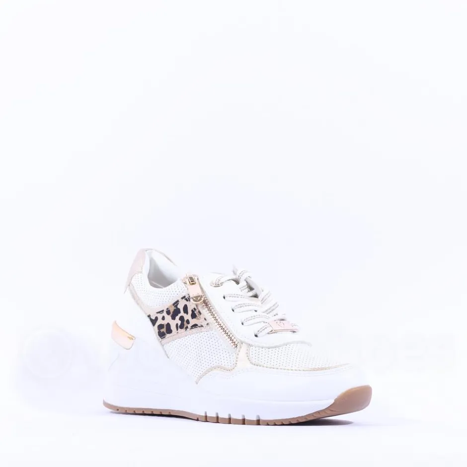 Women Marco Tozzi Magana Wedge Lacezip Trainer - White Gold Leopard