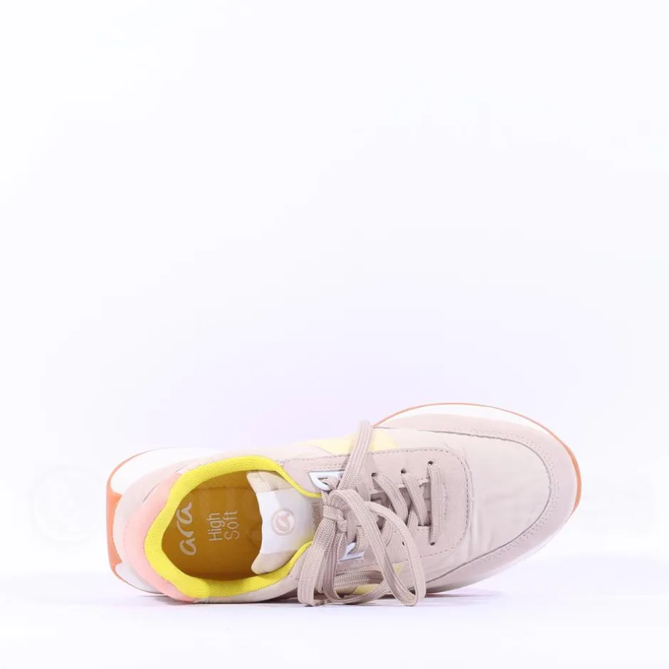 Women Ara Malibu Waffle Sole Nylon Trainer - Beige Yellow