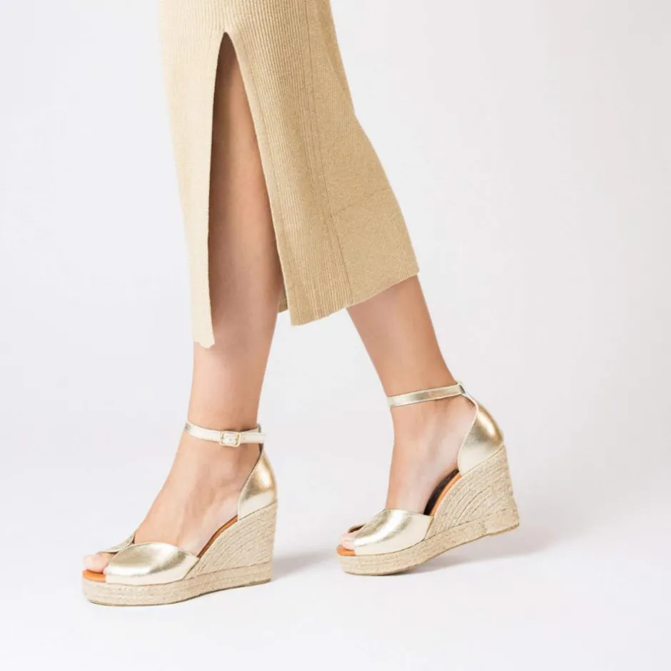 Women Wonders Manly Espadrille Peeptoe Wedge - Gold Metallic