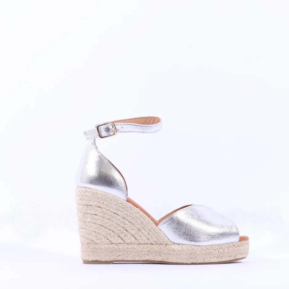 Women Wonders Manly Espadrille Peeptoe Wedge - Silver Metallic