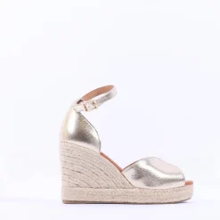 Women Wonders Manly Espadrille Peeptoe Wedge - Gold Metallic