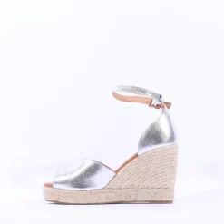 Women Wonders Manly Espadrille Peeptoe Wedge - Silver Metallic