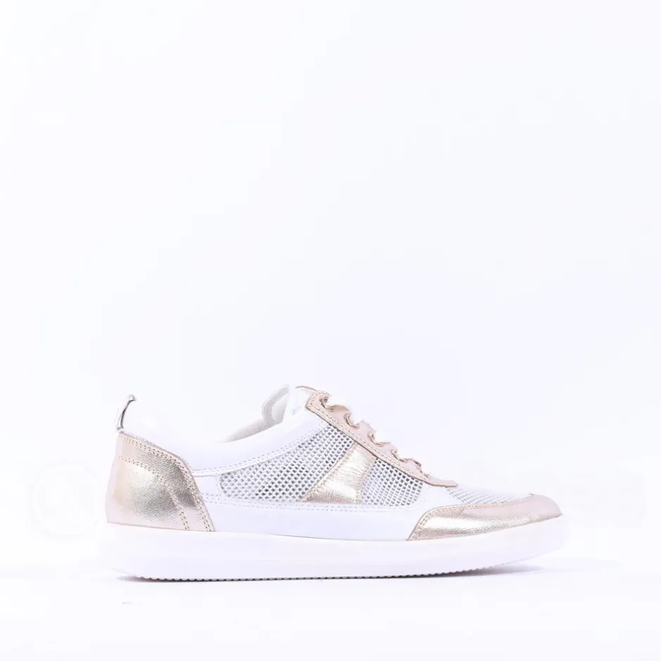 Women Caprice Manou Mesh Panel Lace Trainer - White Gold Leather