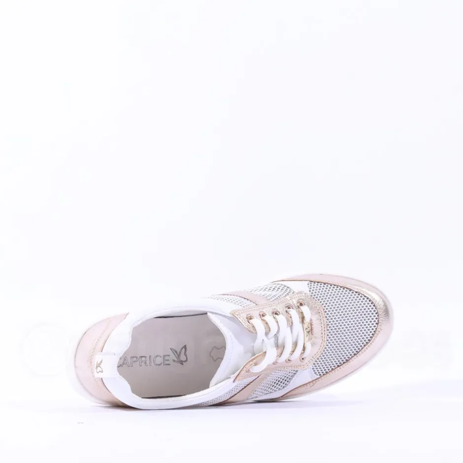 Women Caprice Manou Mesh Panel Lace Trainer - White Gold Leather