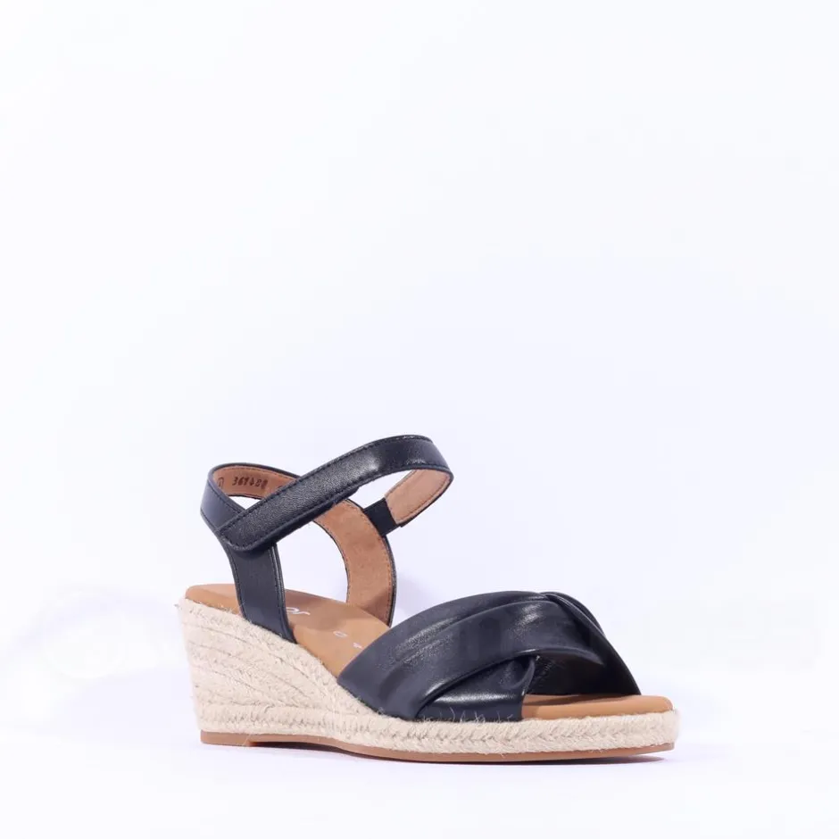 Women Gabor Moon Cross Espadrille Wedge Sandal - Black Leather