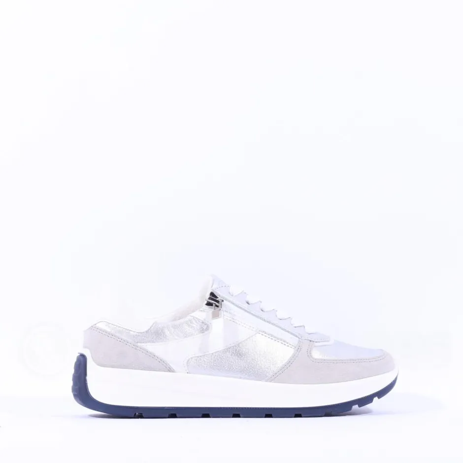 Women Ara New York Side Zip Laced Trainer - White Silver