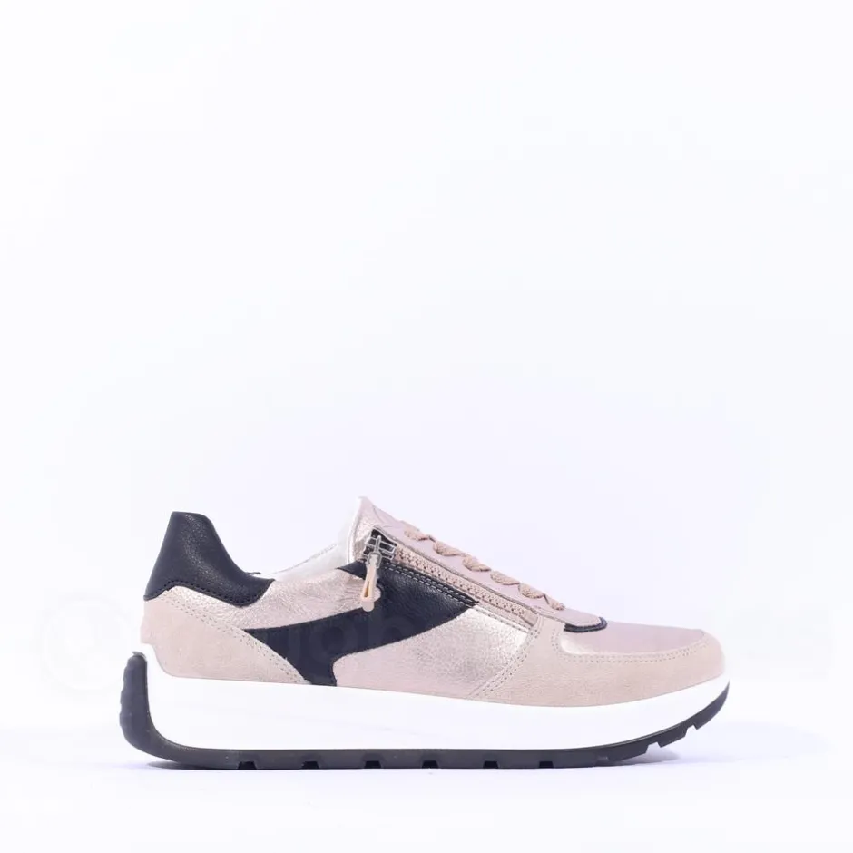 Women Ara New York Side Zip Laced Trainer - Beige Black