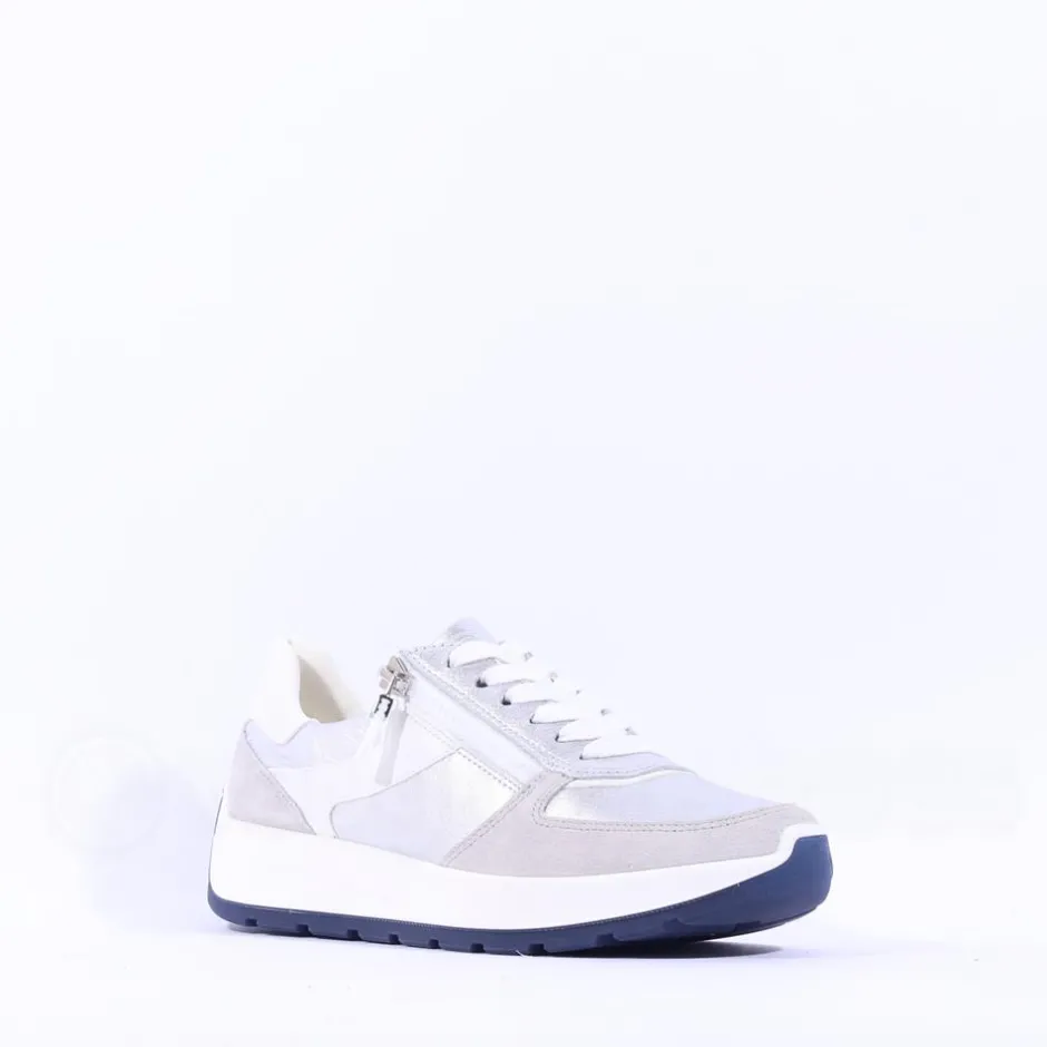Women Ara New York Side Zip Laced Trainer - White Silver