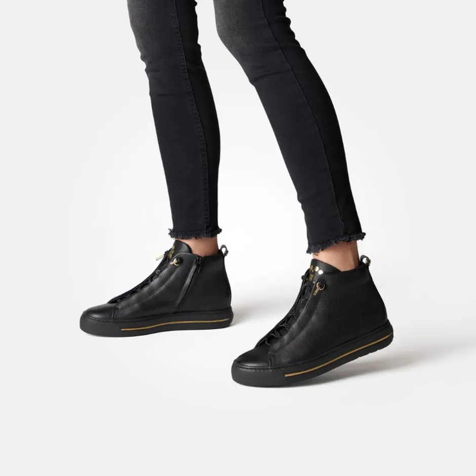 Women Paul Green Hidden Bungee Lace Hi Top - Black Gold Leather