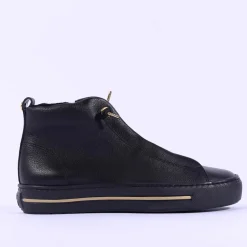 Women Paul Green Hidden Bungee Lace Hi Top - Black Gold Leather