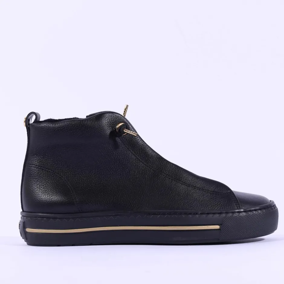 Women Paul Green Hidden Bungee Lace Hi Top - Black Gold Leather