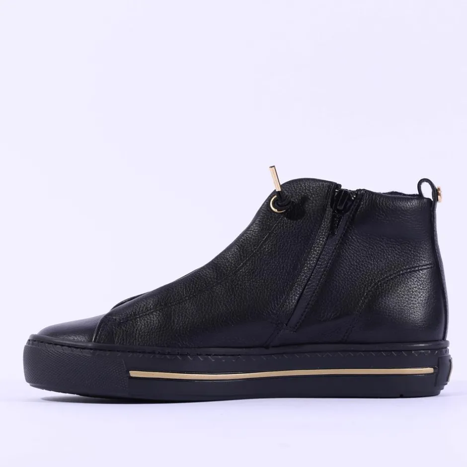 Women Paul Green Hidden Bungee Lace Hi Top - Black Gold Leather