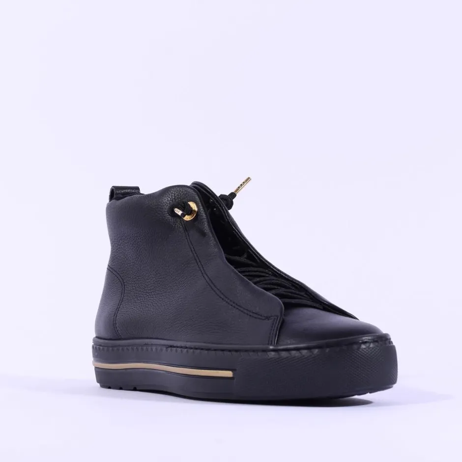 Women Paul Green Hidden Bungee Lace Hi Top - Black Gold Leather