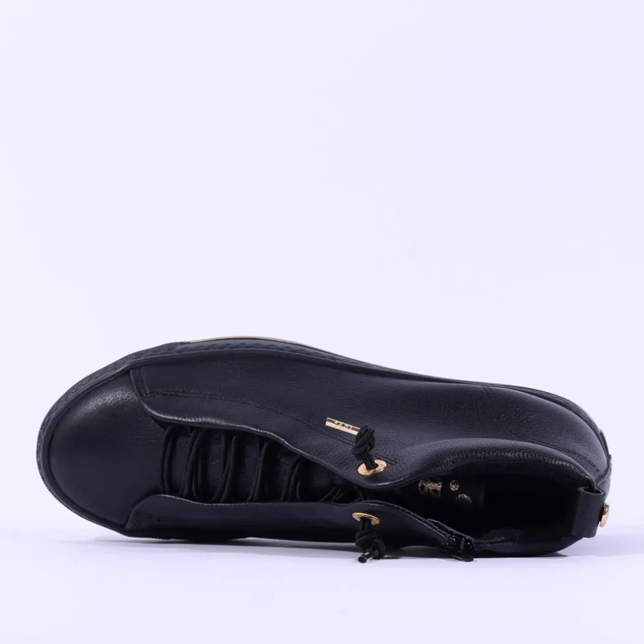 Women Paul Green Hidden Bungee Lace Hi Top - Black Gold Leather