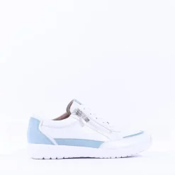 Women Caprice Peggy Side Zip Comfort Trainer - White Light Blue Leather