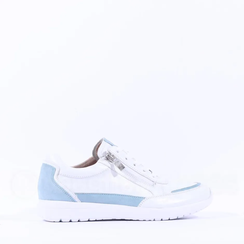 Women Caprice Peggy Side Zip Comfort Trainer - White Light Blue Leather