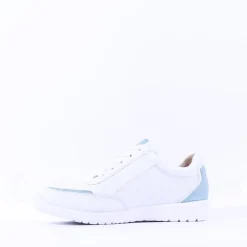 Women Caprice Peggy Side Zip Comfort Trainer - White Light Blue Leather