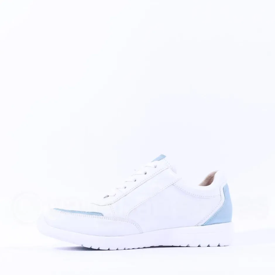 Women Caprice Peggy Side Zip Comfort Trainer - White Light Blue Leather