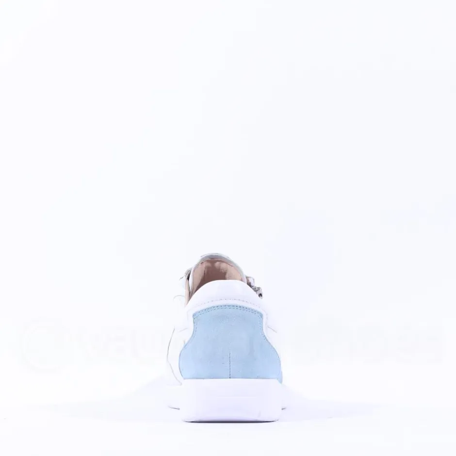 Women Caprice Peggy Side Zip Comfort Trainer - White Light Blue Leather