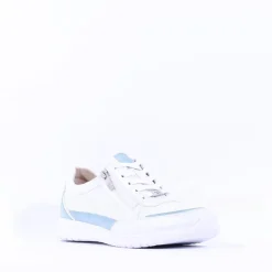 Women Caprice Peggy Side Zip Comfort Trainer - White Light Blue Leather