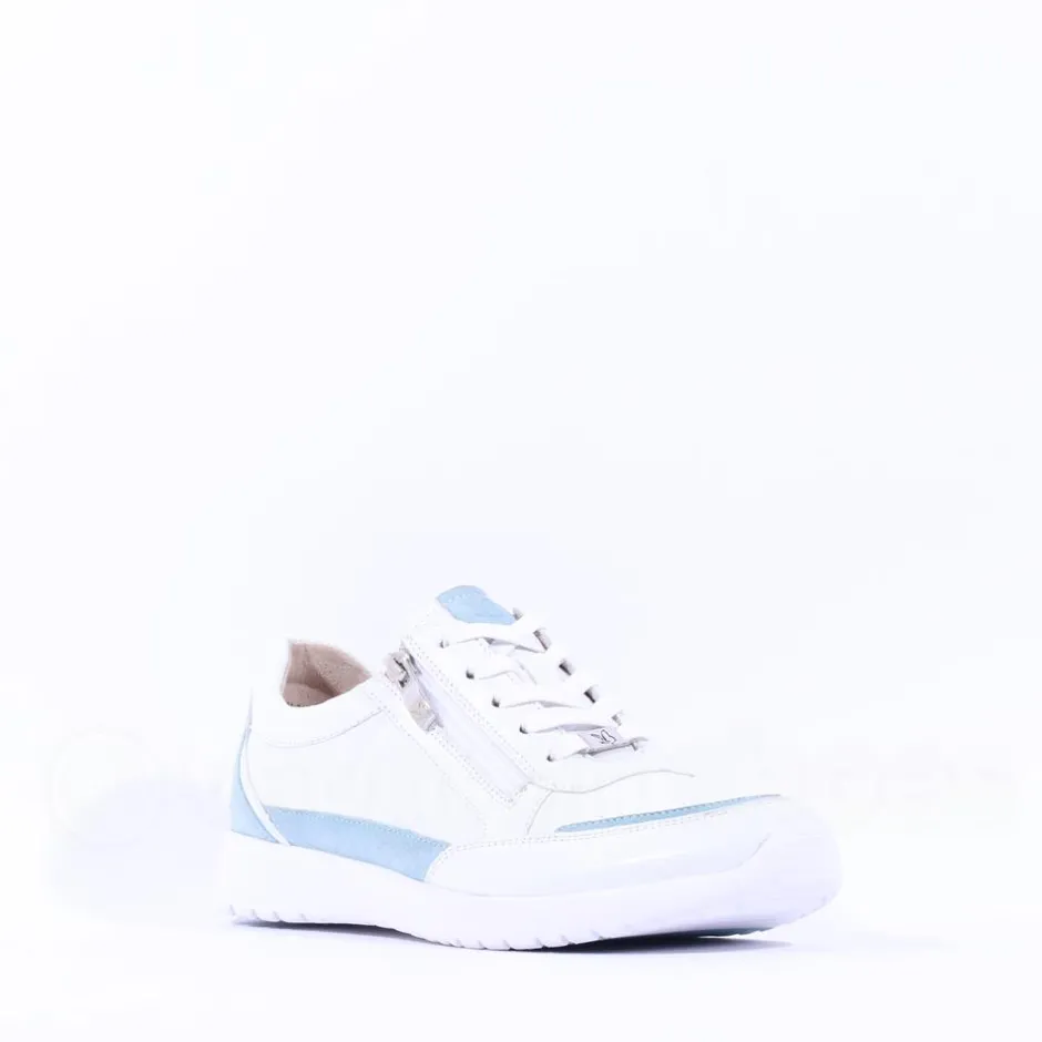 Women Caprice Peggy Side Zip Comfort Trainer - White Light Blue Leather