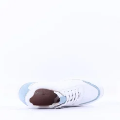 Women Caprice Peggy Side Zip Comfort Trainer - White Light Blue Leather