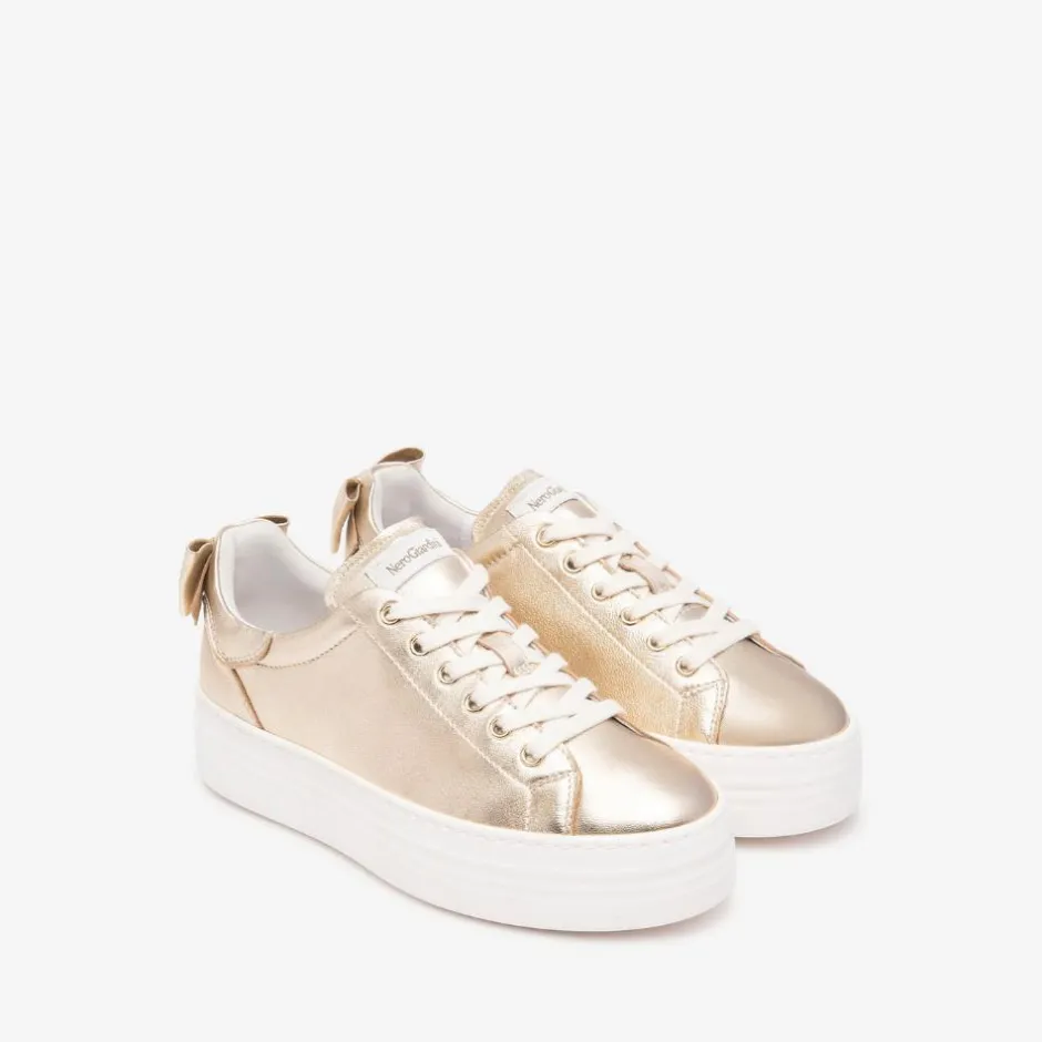 Women NeroGiardini Platform Laced Bow Trainer - Gold Leather