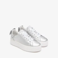 Women NeroGiardini Platform Laced Bow Trainer - Silver Leather