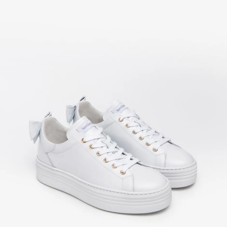 Women NeroGiardini Platform Laced Bow Trainer - White Gold Leather