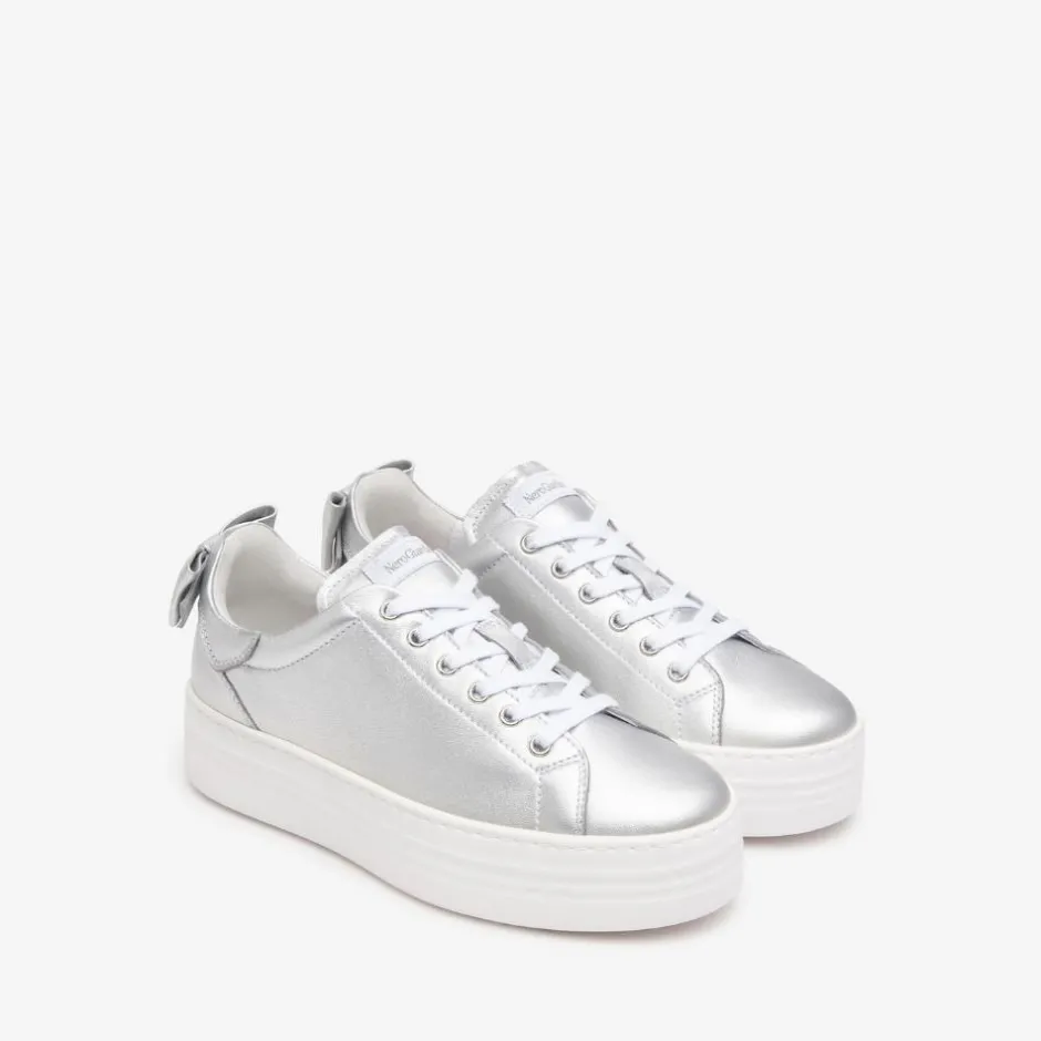 Women NeroGiardini Platform Laced Bow Trainer - Silver Leather