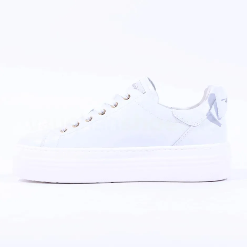 Women NeroGiardini Platform Laced Bow Trainer - White Gold Leather