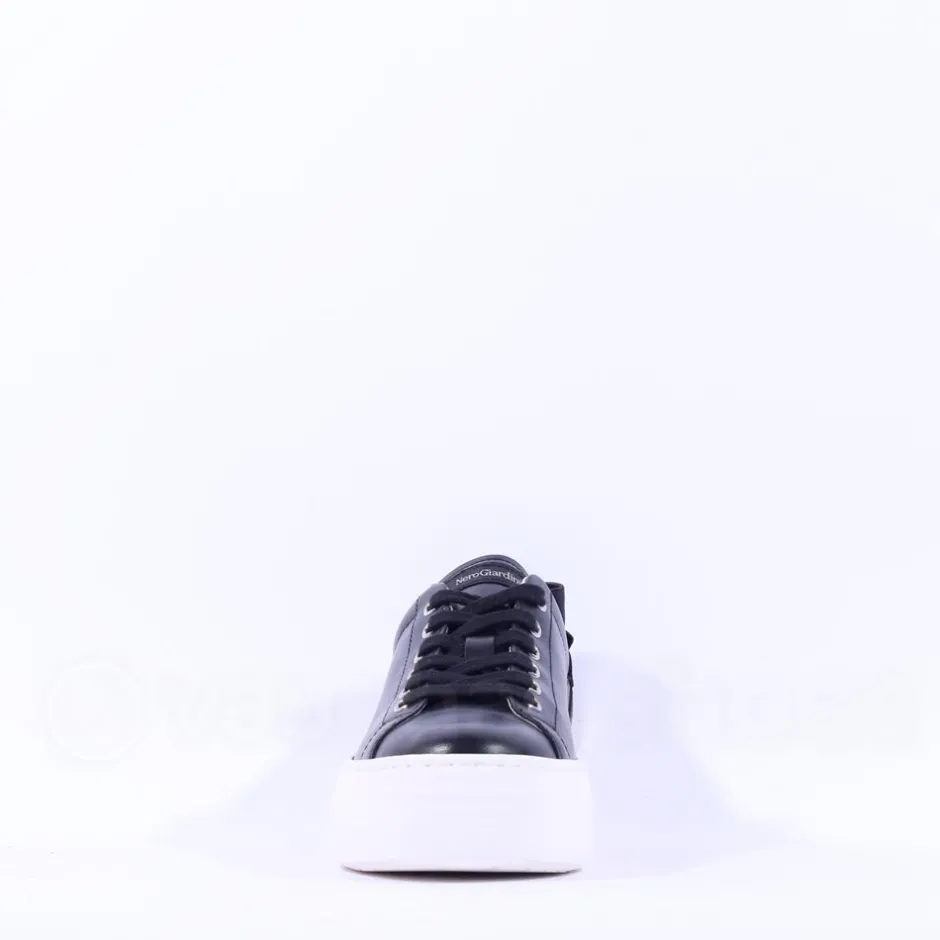 Women NeroGiardini Platform Laced Bow Trainer - Black Leather