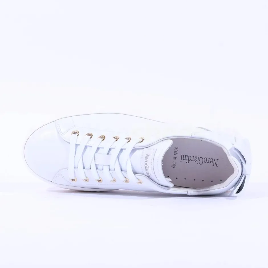 Women NeroGiardini Platform Laced Bow Trainer - White Gold Leather