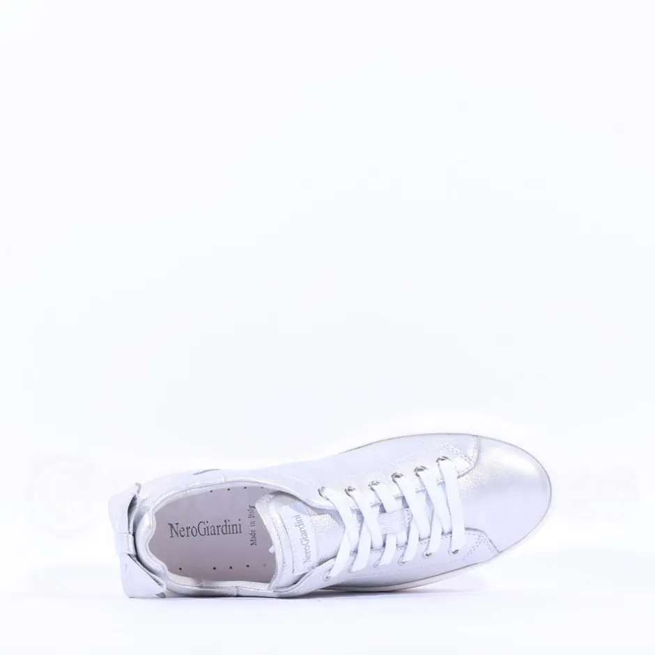 Women NeroGiardini Platform Laced Bow Trainer - Silver Leather