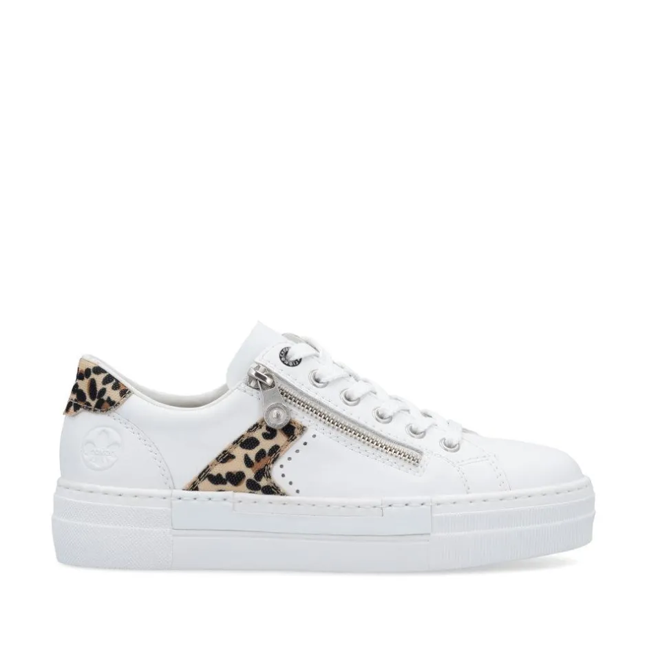 Women Rieker Platform Laced Trainer - White Leopard Combi