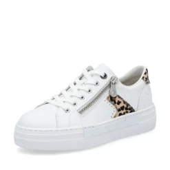 Women Rieker Platform Laced Trainer - White Leopard Combi