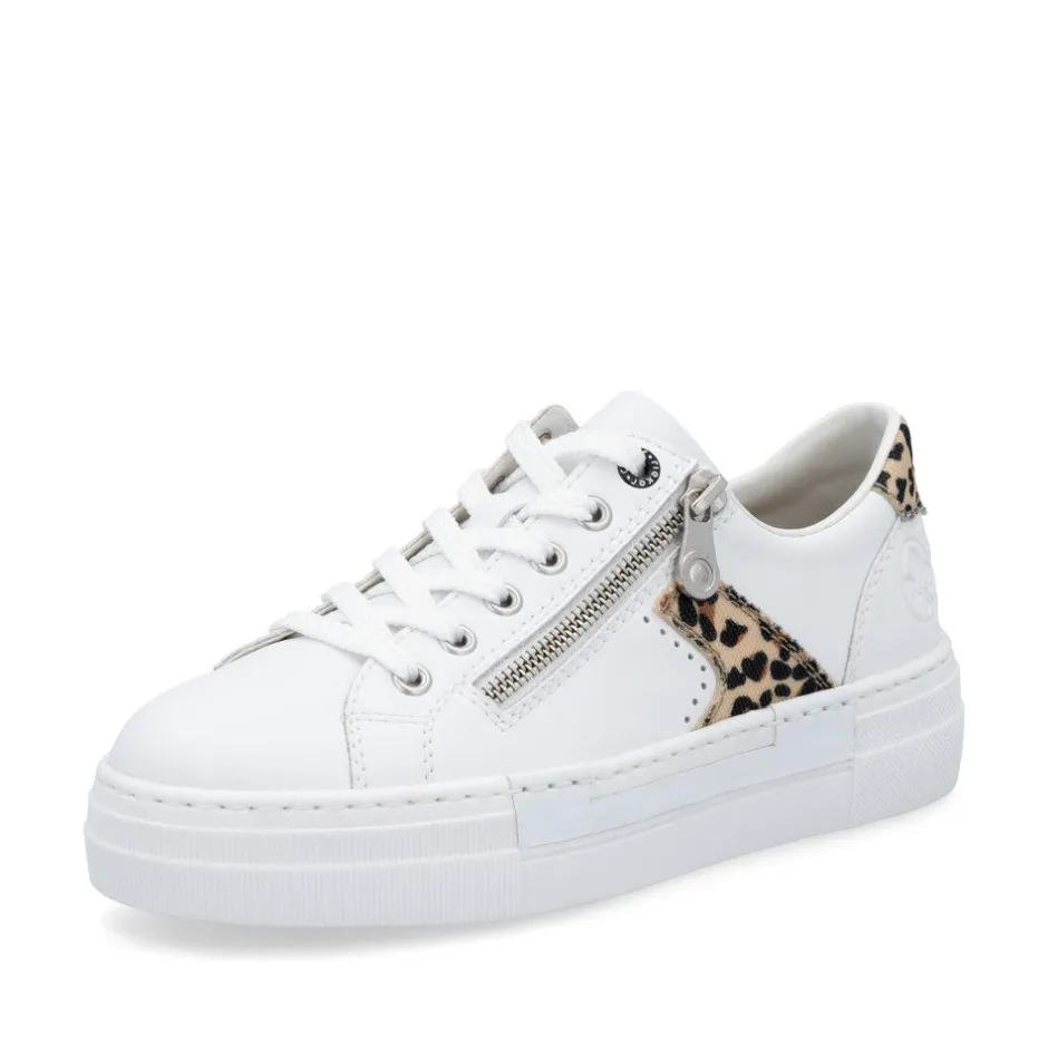 Women Rieker Platform Laced Trainer - White Leopard Combi