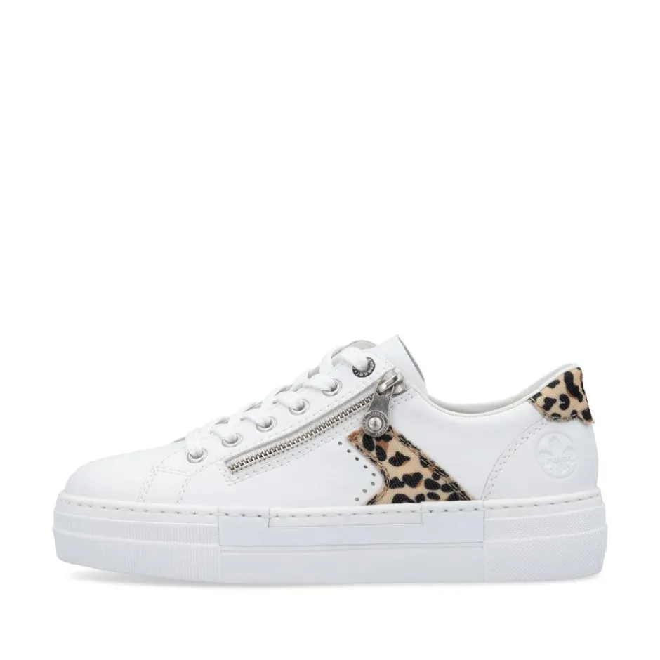 Women Rieker Platform Laced Trainer - White Leopard Combi