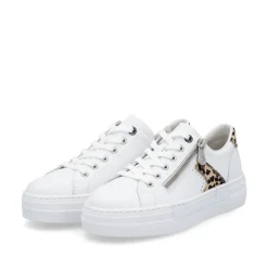 Women Rieker Platform Laced Trainer - White Leopard Combi