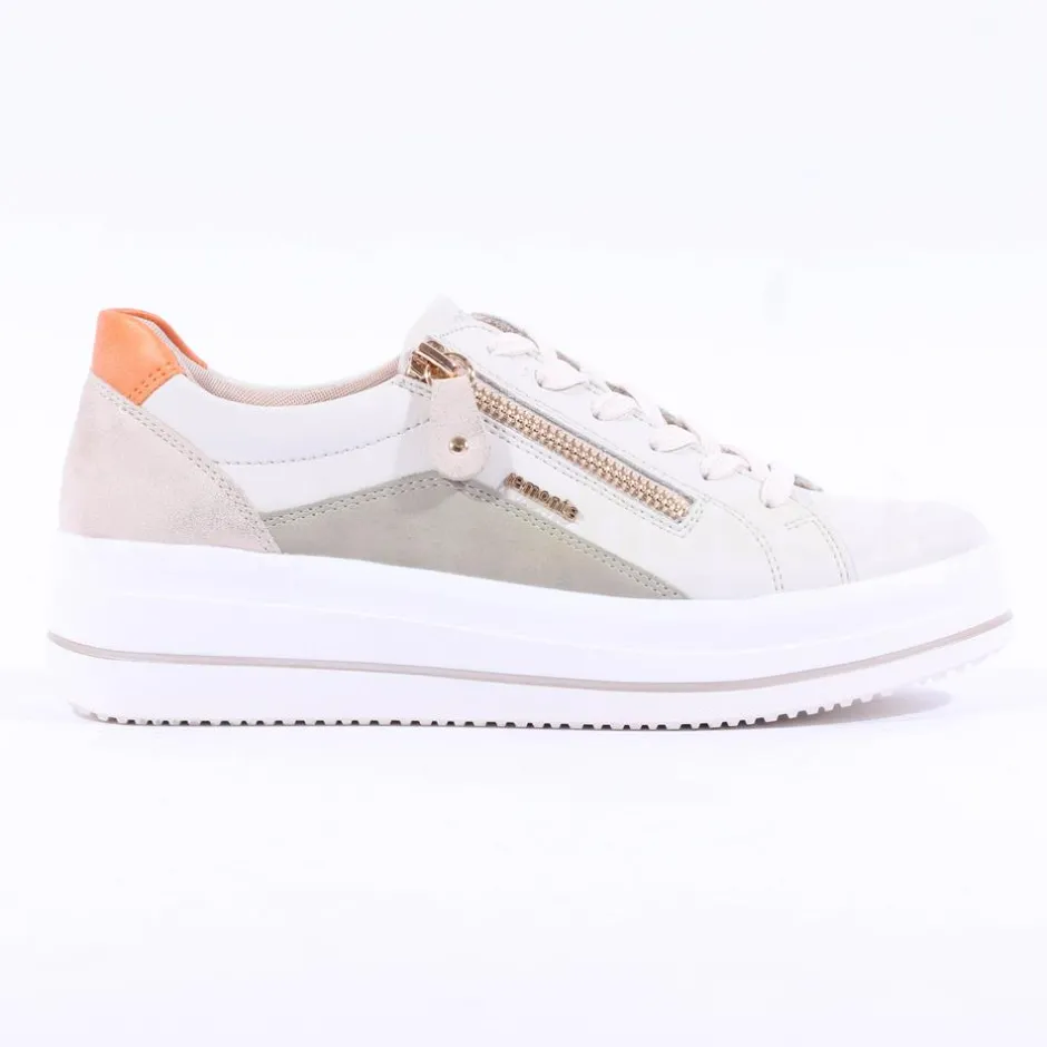 Women Remonte Platform Laced Trainer Side Zip - White Sage Combi