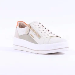 Women Remonte Platform Laced Trainer Side Zip - White Sage Combi
