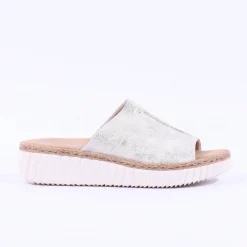 Women Rieker Platform Mule Sandal Wide Fit - Beige Metallic