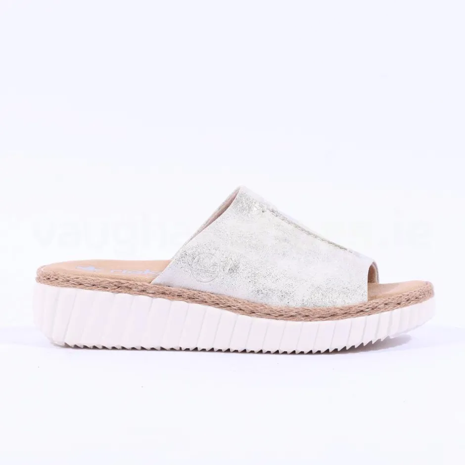 Women Rieker Platform Mule Sandal Wide Fit - Beige Metallic