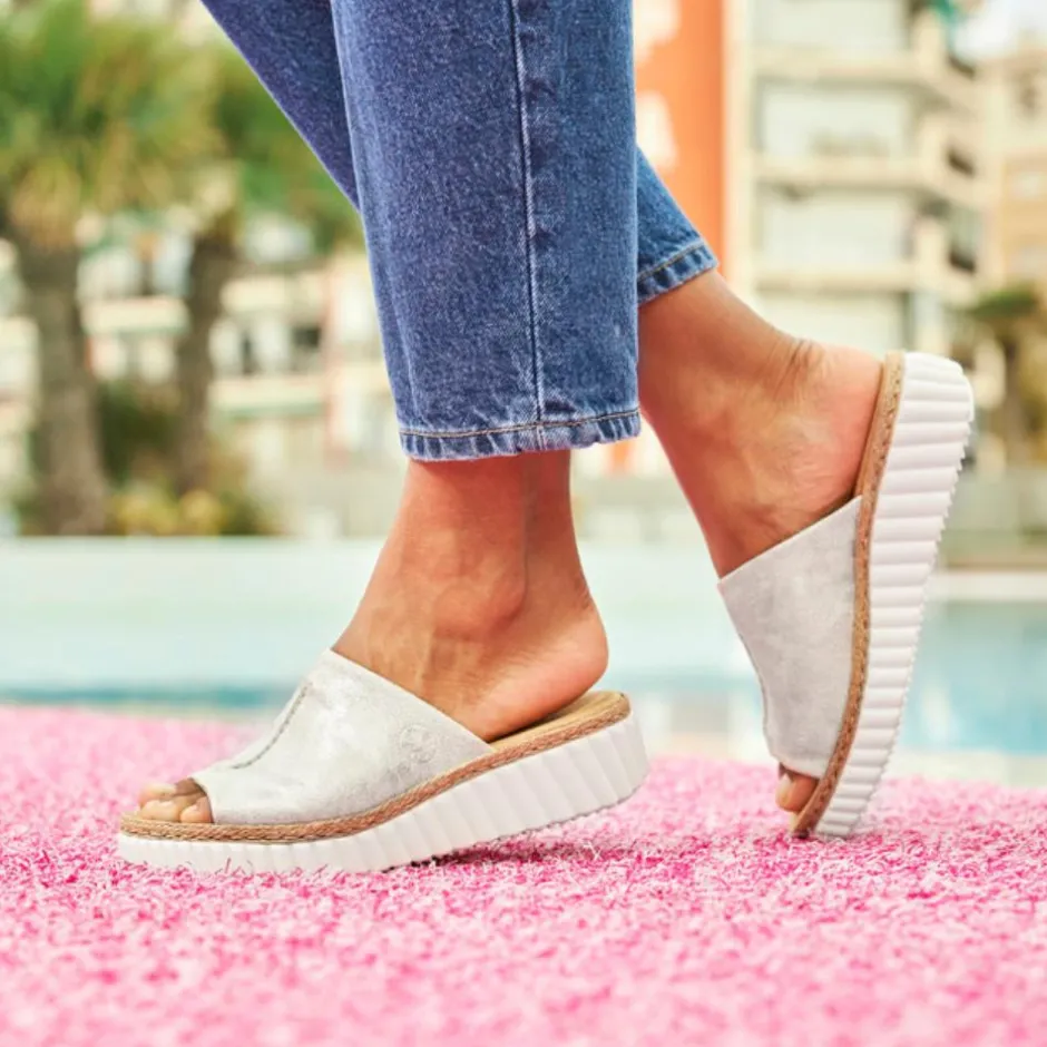 Women Rieker Platform Mule Sandal Wide Fit - Beige Metallic