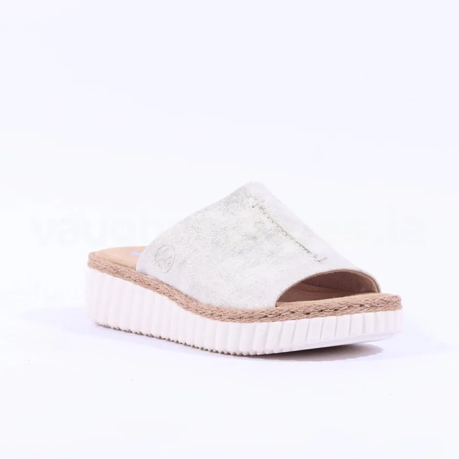 Women Rieker Platform Mule Sandal Wide Fit - Beige Metallic