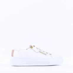 Women Gabor Platform Trainer Side Zip Campus - White Gold Leather