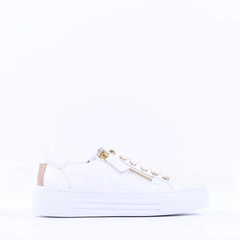 Women Gabor Platform Trainer Side Zip Campus - White Gold Leather