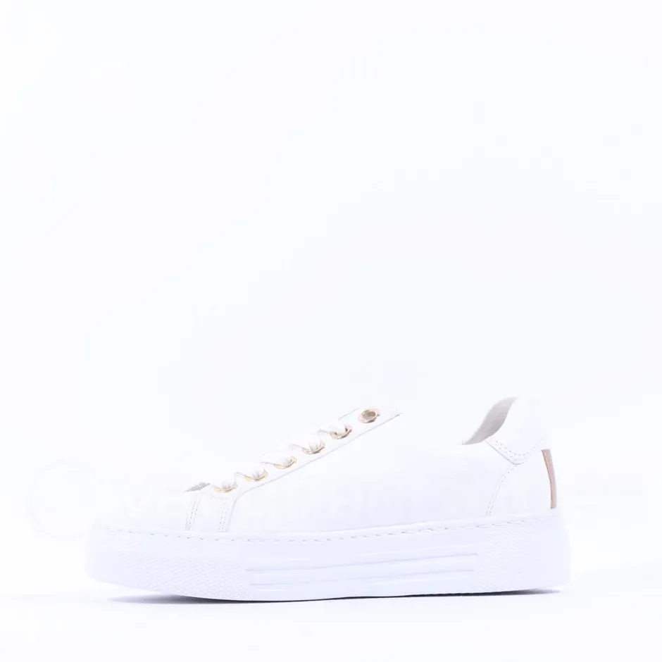 Women Gabor Platform Trainer Side Zip Campus - White Gold Leather