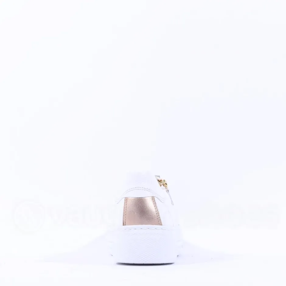 Women Gabor Platform Trainer Side Zip Campus - White Gold Leather